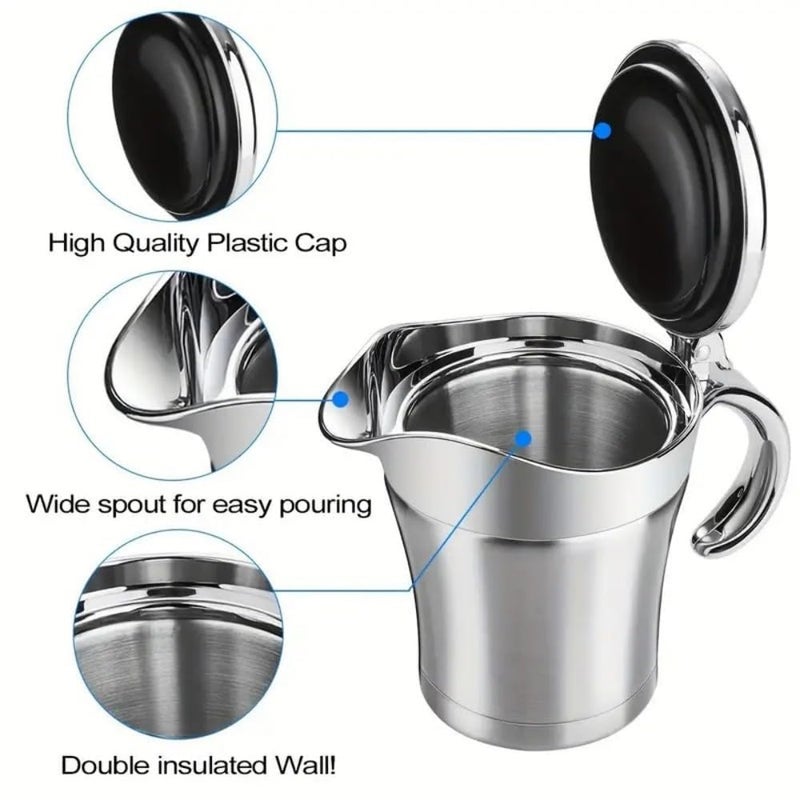 linsheng Gravy boat Stainless Steel Insulated Jug with Hinged Lid Ideal for Gravy or Cream at Thanksgiving, Stainless Steel Gravy Boat Sauce (450ML) (silver) - Image 2